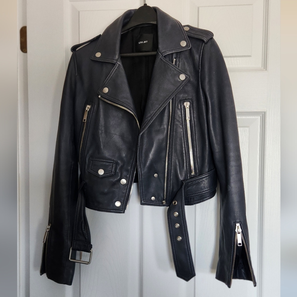 LTH JKT leather cropped jacket in navy blue